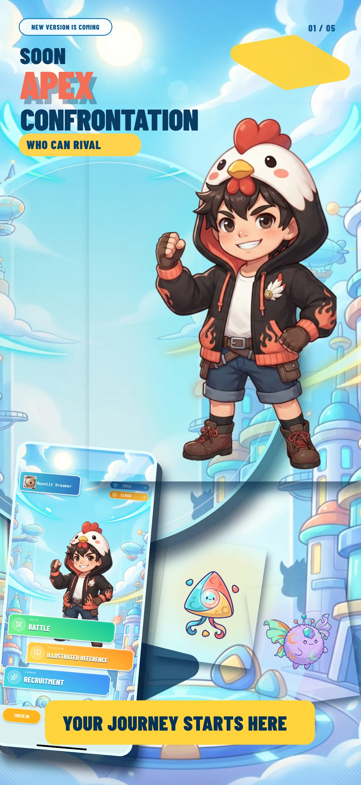 Your journey starts here: a hero in a chicken hoodie in a bright fantasy city