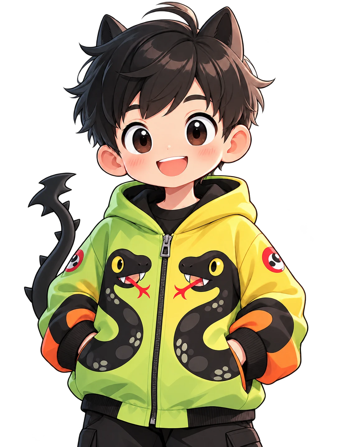 A cheerful dark-haired hero wearing a bright yellow and green dragon hoodie